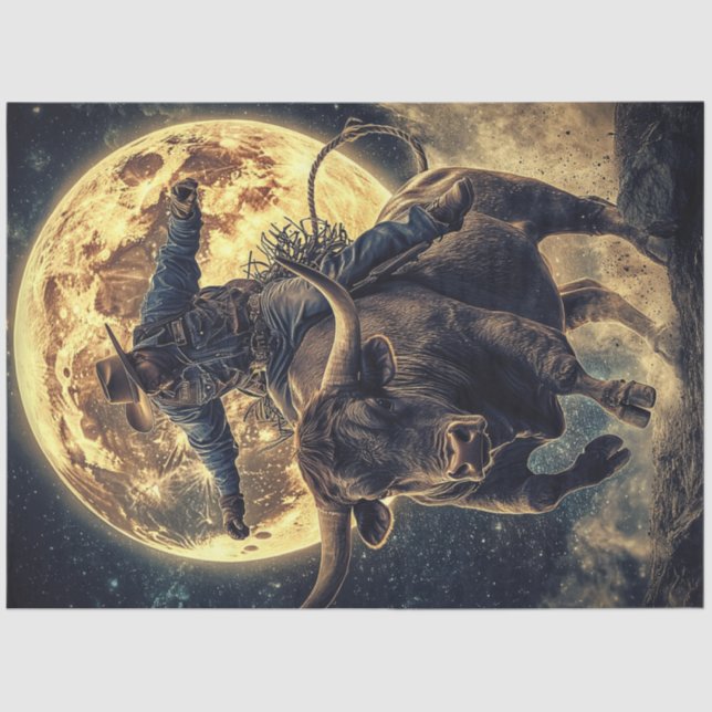 Papel De Seda Decoupage Western Cowboy Riding Bull Large Moon (Anverso)