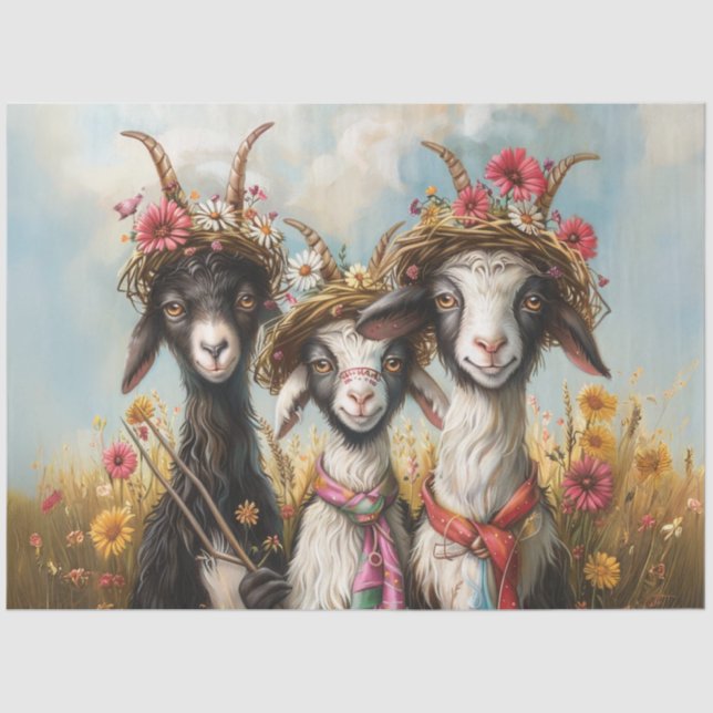 Papel De Seda Decoupage Whimsical 3 Cabras En El Campo (Anverso)