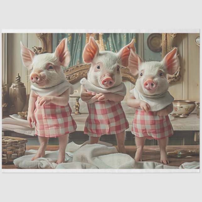 Papel De Seda Decoupage Whimsical 3 Cerdos Vestidos a cuadros (Anverso)
