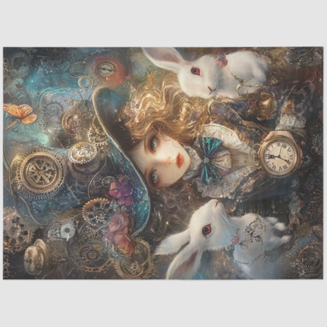 Papel De Seda Decoupage Whimsical Alice Wonderland Rabbits (Anverso)