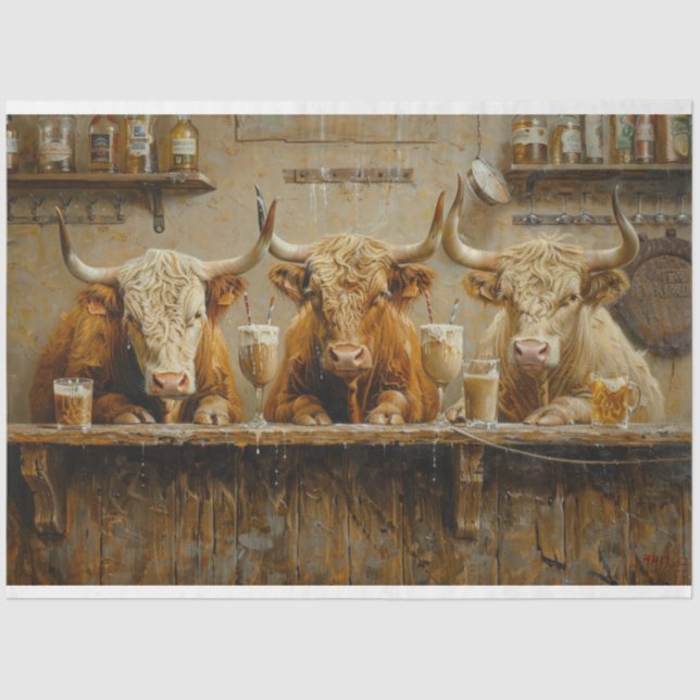 Papel De Seda Decoupage Whimsical Bar Scene Cows Bebiendo (Anverso)