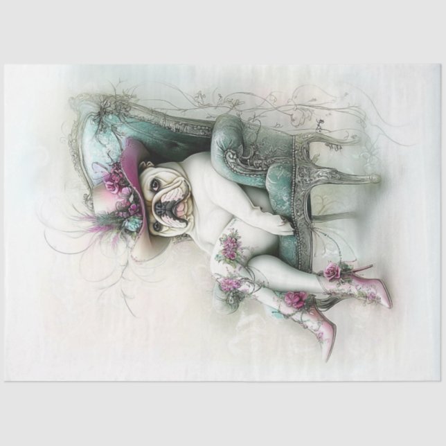 Papel De Seda Decoupage Whimsical Bulldog inglés Cowboy Gorra (Anverso)