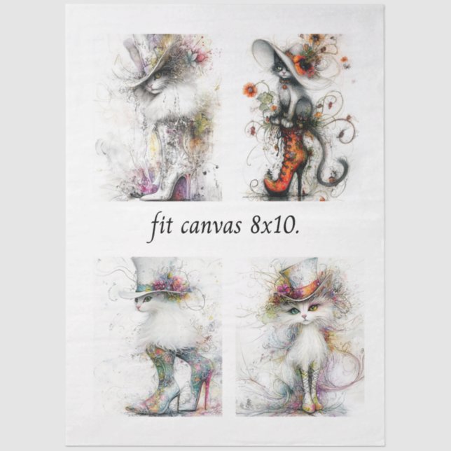 Papel De Seda Decoupage Whimsical Cats Fits 8 x 10 Canvas  (Anverso)
