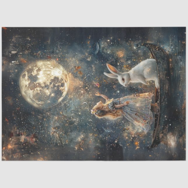 Papel De Seda Decoupage Whimsical Chica Rabbit Moon Night Scene (Anverso)