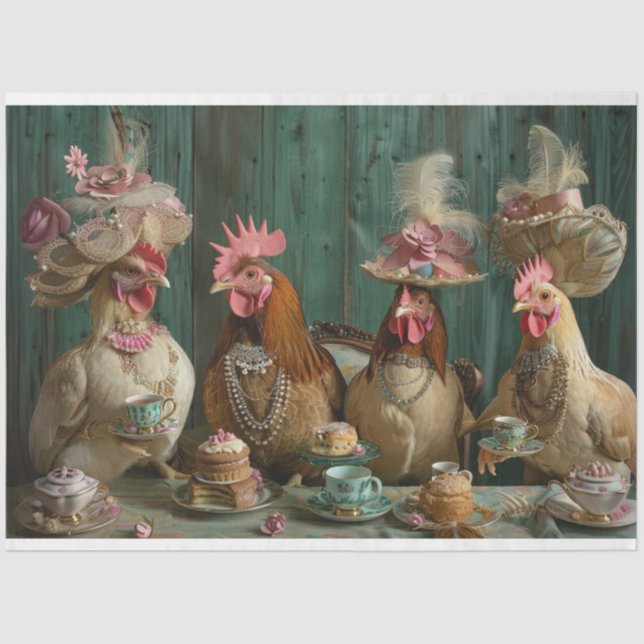 Papel De Seda Decoupage Whimsical Chicken Chickadees Tea Fiesta (Anverso)