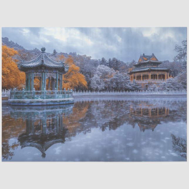 Papel De Seda Decoupage Whimsical Chinese Garden Pavilion Temple (Anverso)