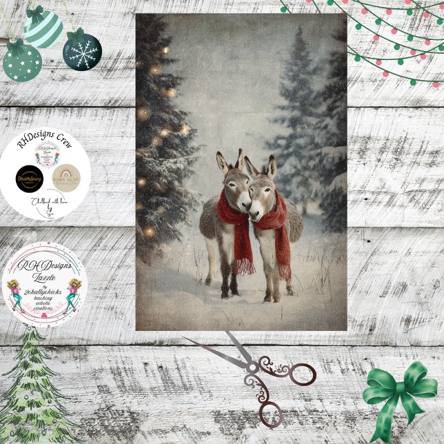 Papel De Seda Decoupage Whimsical Christmas Donkeys Red Scarves (Subido por el creador)