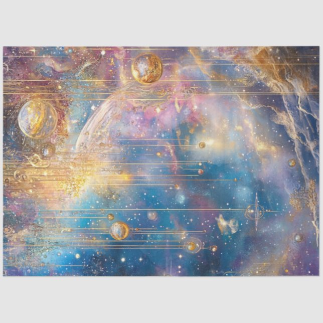 Papel De Seda Decoupage Whimsical Comic Scene Gold Blues (Anverso)