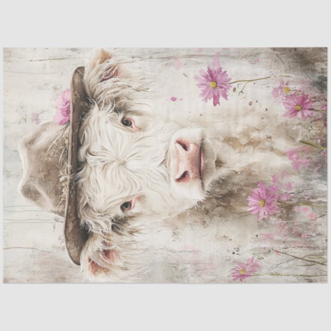 Papel De Seda Decoupage Whimsical Cow Pintando Flores Rosa (Anverso)