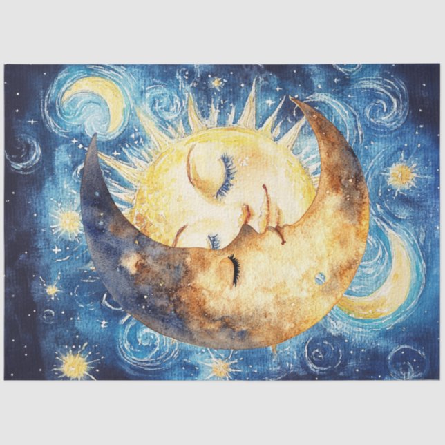 Papel De Seda Decoupage Whimsical Crescent Moon Surround Sun (Anverso)