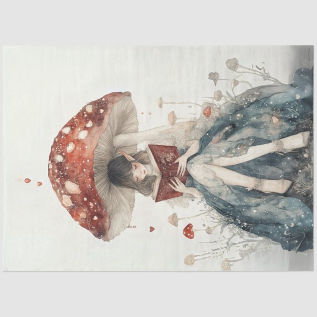 Papel De Seda Decoupage Whimsical Fairy Mushroom and Hearts (Anverso)