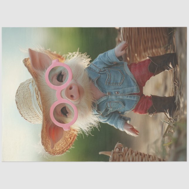 Papel De Seda Decoupage Whimsical Farm Piglet in Straw Gorra (Anverso)