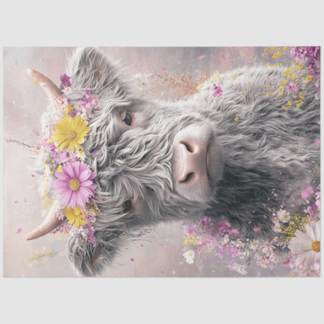 Papel De Seda Decoupage Whimsical Highland Cow Floral Crown (Anverso)