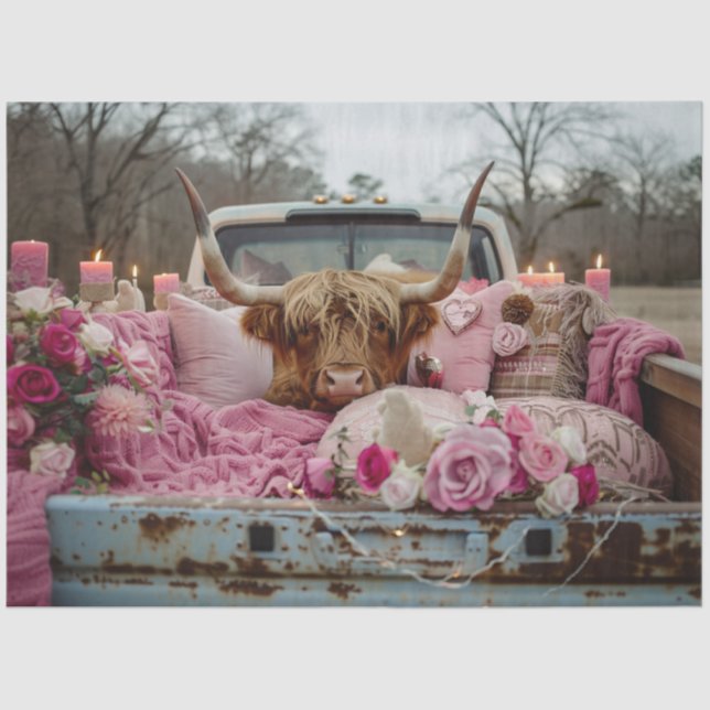 Papel De Seda Decoupage Whimsical Highland Cow Truck Pink Settin (Anverso)