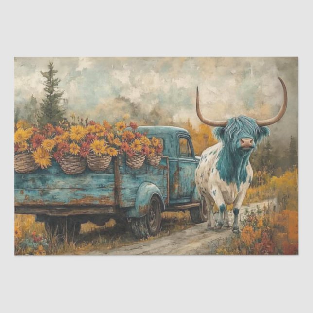 Papel De Seda Decoupage Whimsical Highland Longhorn & Flowers (Anverso)
