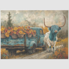 Papel De Seda Decoupage Whimsical Highland Longhorn & Flowers