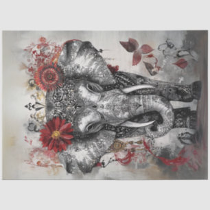 Papel De Seda Decoupage Whimsical Intricado Elefante Rojo Negro