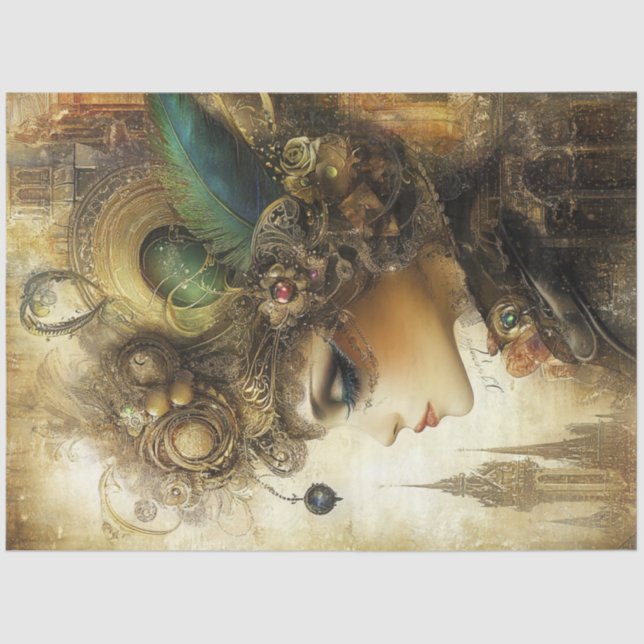 Papel De Seda Decoupage Whimsical Lady Ornate Steampunk Barroco (Anverso)