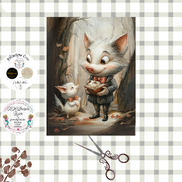 Papel De Seda Decoupage Whimsical Pig Duo in Forest