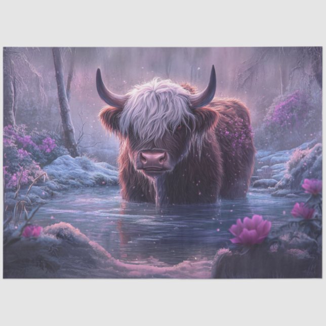 Papel De Seda Decoupage Whimsical Pinkish Hue Highland Cow Pond (Anverso)