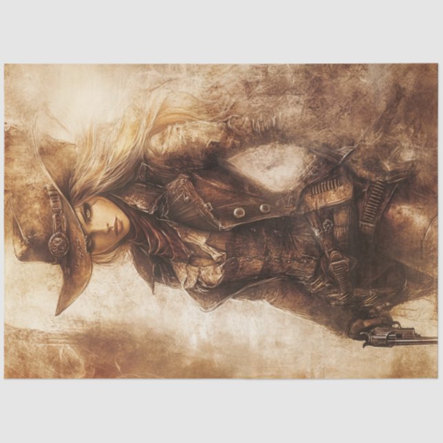 Papel De Seda Decoupage Whimsical Sepia Cowgirl Gunslinger (Anverso)