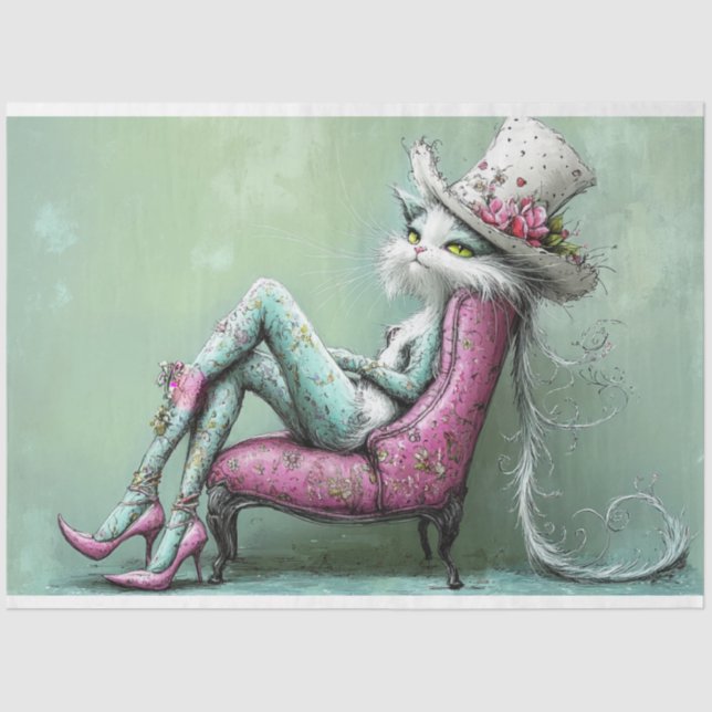 Papel De Seda Decoupage Whimsical Sofisticado Feline en Lounge (Anverso)