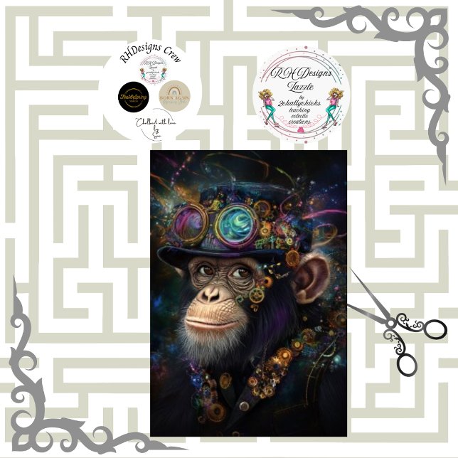 Papel De Seda Decoupage Whimsical Steampunk Monkey Vibrant Color (Subido por el creador)