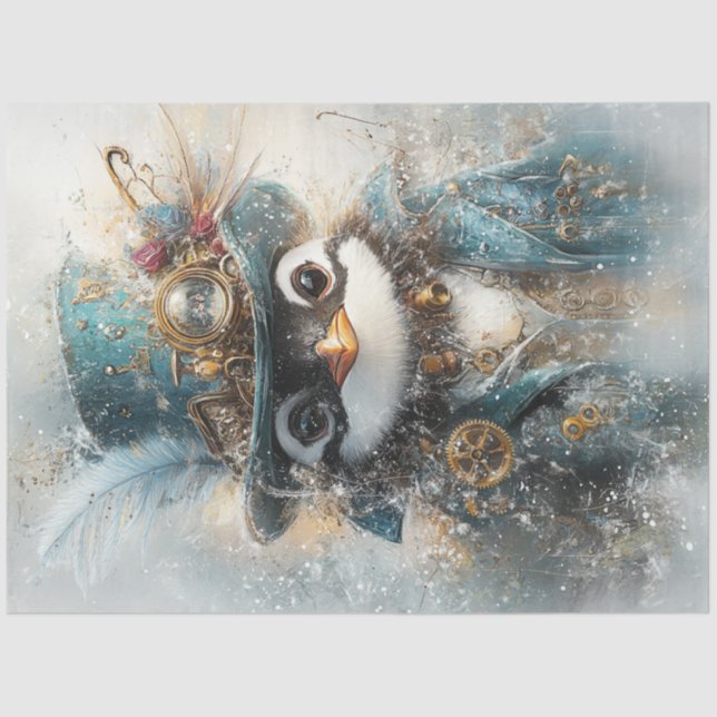 Papel De Seda Decoupage Whimsical Steampunk Penguin sobre la ave (Anverso)