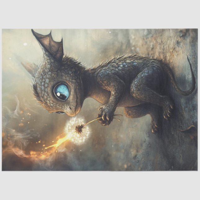 Papel De Seda Decoupage Whimsical Tiny Dragon Creature Dandelion (Anverso)
