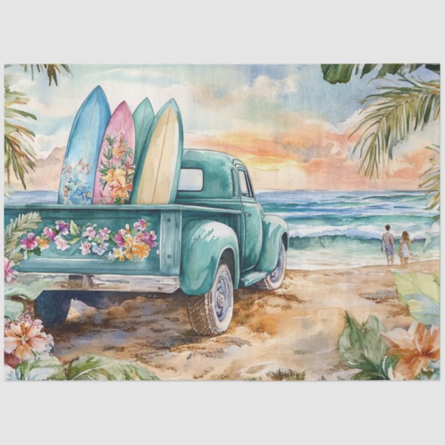 Papel De Seda Decoupage Whimsical Truck Surfboard Beach Setting (Anverso)