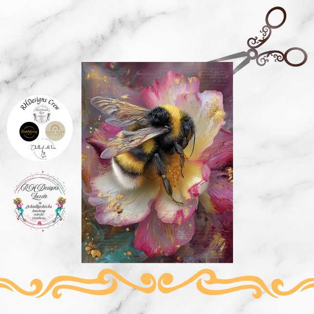 Papel De Seda Decoupage Whimsical Vibrant Bumble Bee Pink Flower (Subido por el creador)