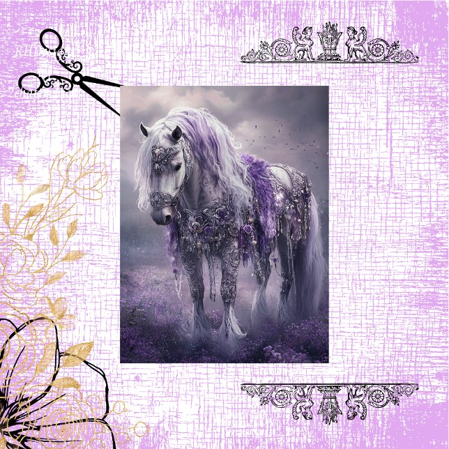 Papel De Seda Decoupage Whimsical White Horse Purple & Silver (Subido por el creador)