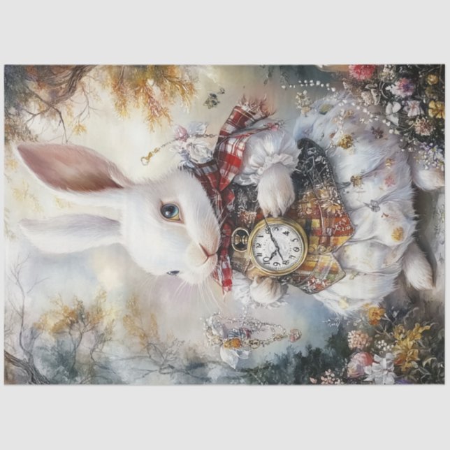 Papel De Seda Decoupage Whimsical White Rabbit Alice Adventures (Anverso)
