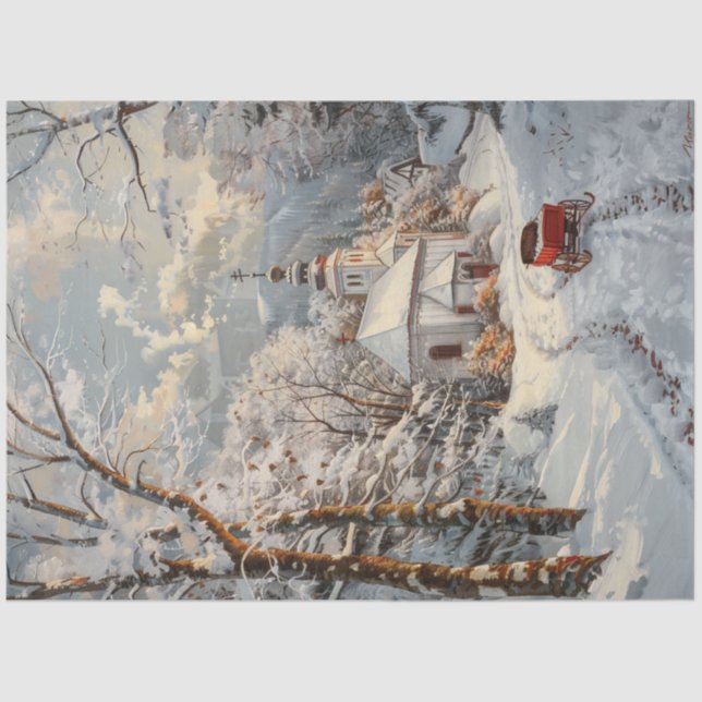 Papel De Seda Decoupage Whimsical Winter Church Red Wagon (Anverso)