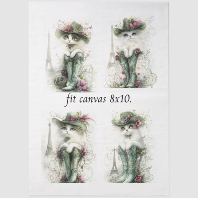 Papel De Seda Decoupage Whimsical Wispy Cats 8 x 10 Canvas (Anverso)
