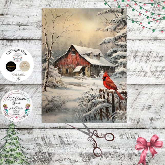 Papel De Seda Decoupage Winter Scene Red Barn Cardinal Snow  (Subido por el creador)