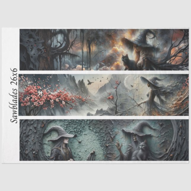 Papel De Seda Decoupage Witch Cat Moon Cherry Blossom Handsaw  (Anverso)