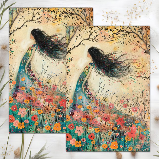 PAPEL DE SEDA DECOUPAJE DE NIÑAS DE FLORES BOHO (BOHO FLOWER GIRL DECOUPAGE TISSUE PAPER)