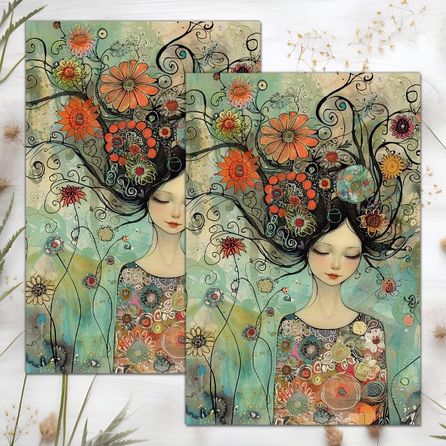 PAPEL DE SEDA DECOUPAJE DE NIÑAS DE FLORES BOHO (BOHO FLOWER GIRL DECOUPAGE TISSUE PAPER)