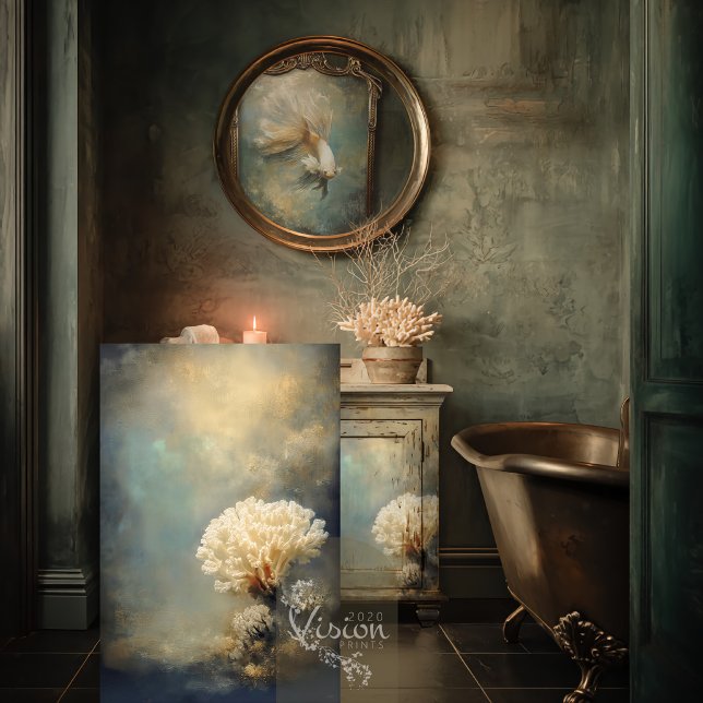 Papel De Seda Deep Grace Cream Coral Teal Gold Seascape (Large art print beside copper clawfoot bathtub moody teal bathroom round gold mirror)