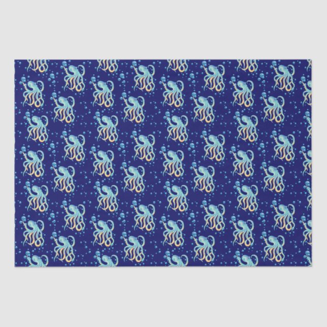 Papel De Seda Deep Sea Cute Octopus Blue Bubble Naval (Anverso)