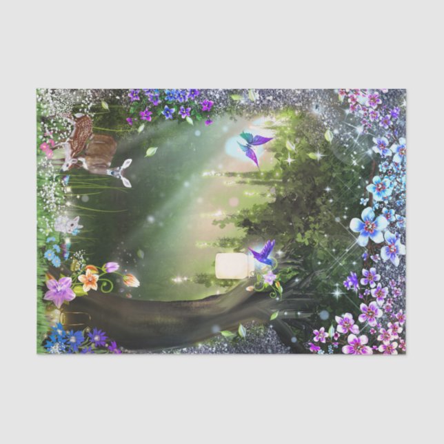 Papel De Seda Deer y conejo de bosques de flores mágicas de bosq (Anverso)