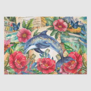 Papel De Seda Delfín Azul Tropical Floral & Mariposa Decoupage