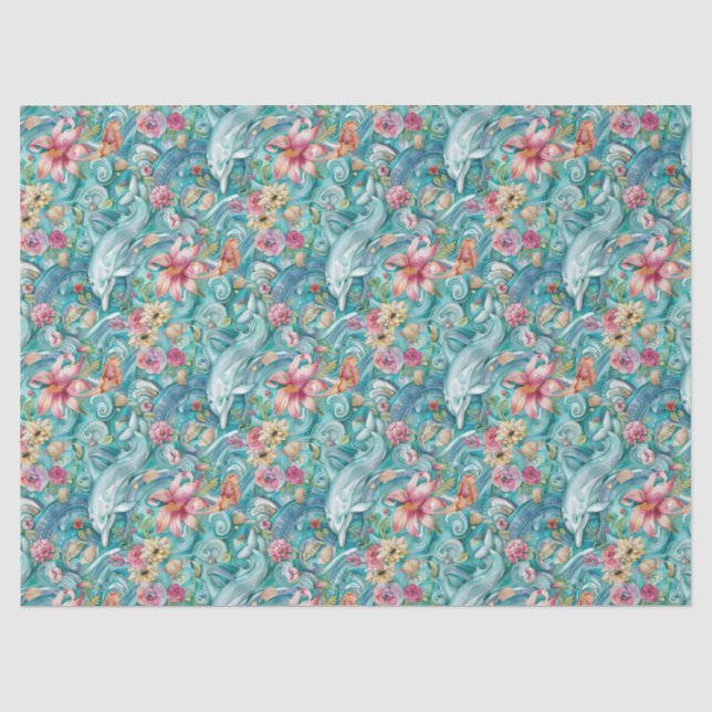 Papel De Seda Delfines Florales Acuarela Caprichosa Decoupage (Anverso)
