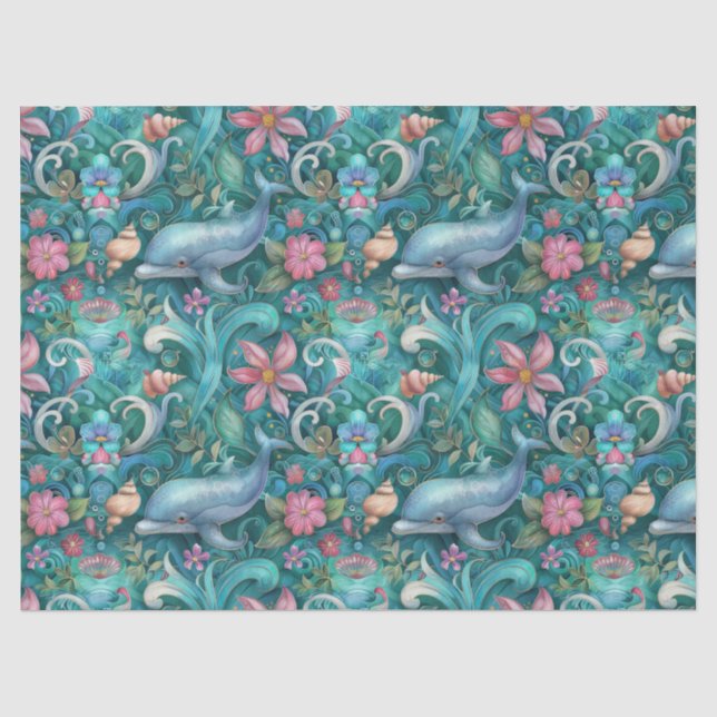 Papel De Seda Delfines Florales Acuarela Caprichosa Decoupage (Anverso)