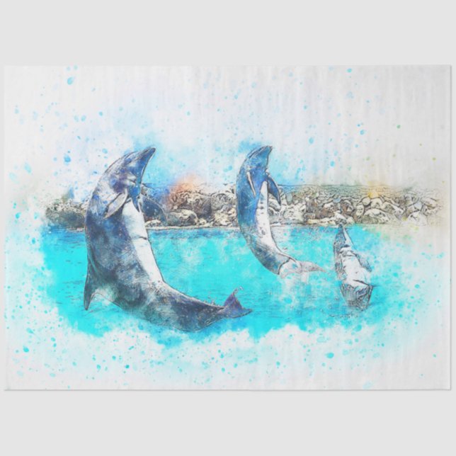 Papel De Seda Delfines saltando acuarela Art Decoupage (Anverso)