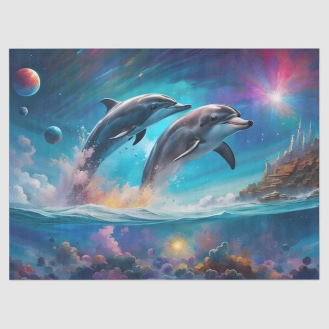 Papel De Seda Delfines saltantes, fantasía, planetas (Anverso)