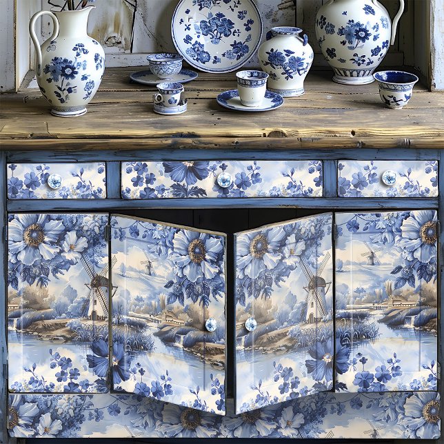Papel De Seda Delft Blue Windmills Rosas silvestres Decoupage (Subido por el creador)