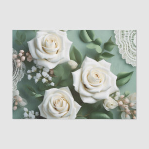 Papel De Seda Delicadas rosas Blancas Y Hojas Verdes