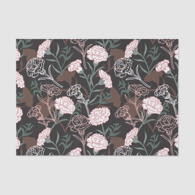 Papel De Seda Delicados claveles rosados con flores de hojas ver (Anverso)